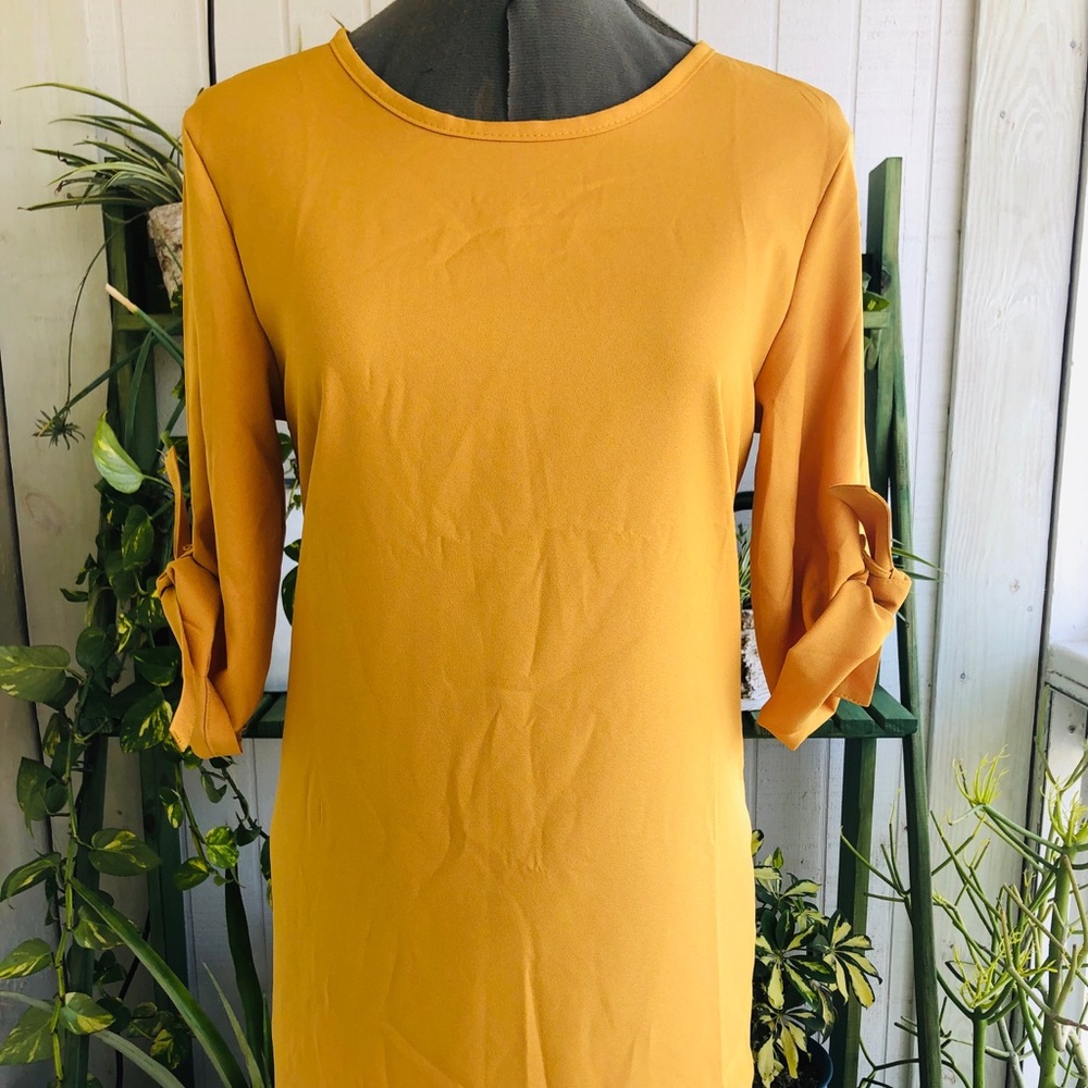 Gold Silky Dress with 3/4 length Tie up sleeves
